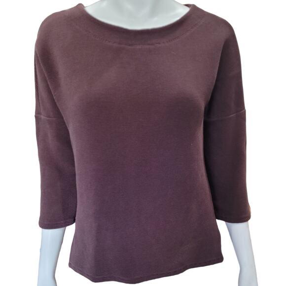 Fig Brown Ribbed 3/4 Sleeve Boat Neck Top XL Cotton Blend Minimalist Travel - Picture 1 of 8